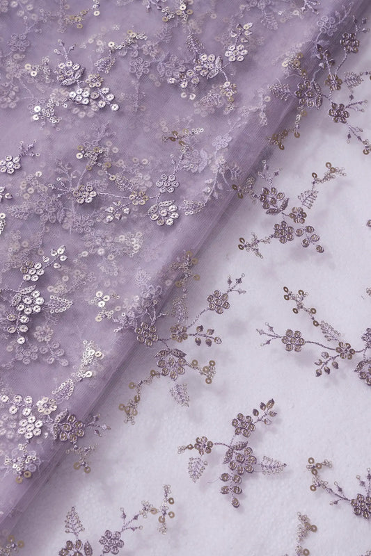 AIzaSyBcstauz-XMPRhEY21AUzeo032pxrXB5Ug - Gold Sequins With Thread Work Floral Embroidery On Lilac Soft Net Fabric