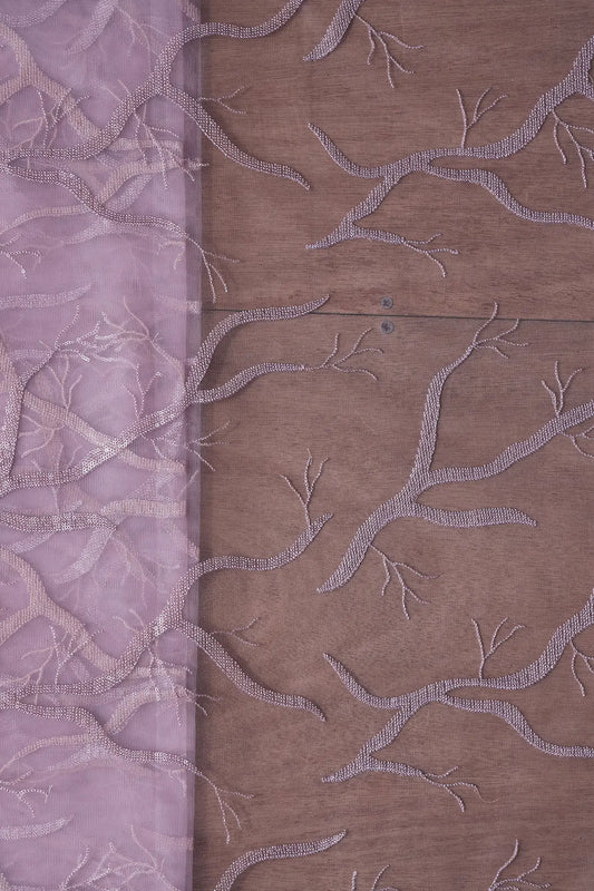 Lilac Thread With Water Sequins Abstract Embroidery Work On Lilac Soft Net Fabric
