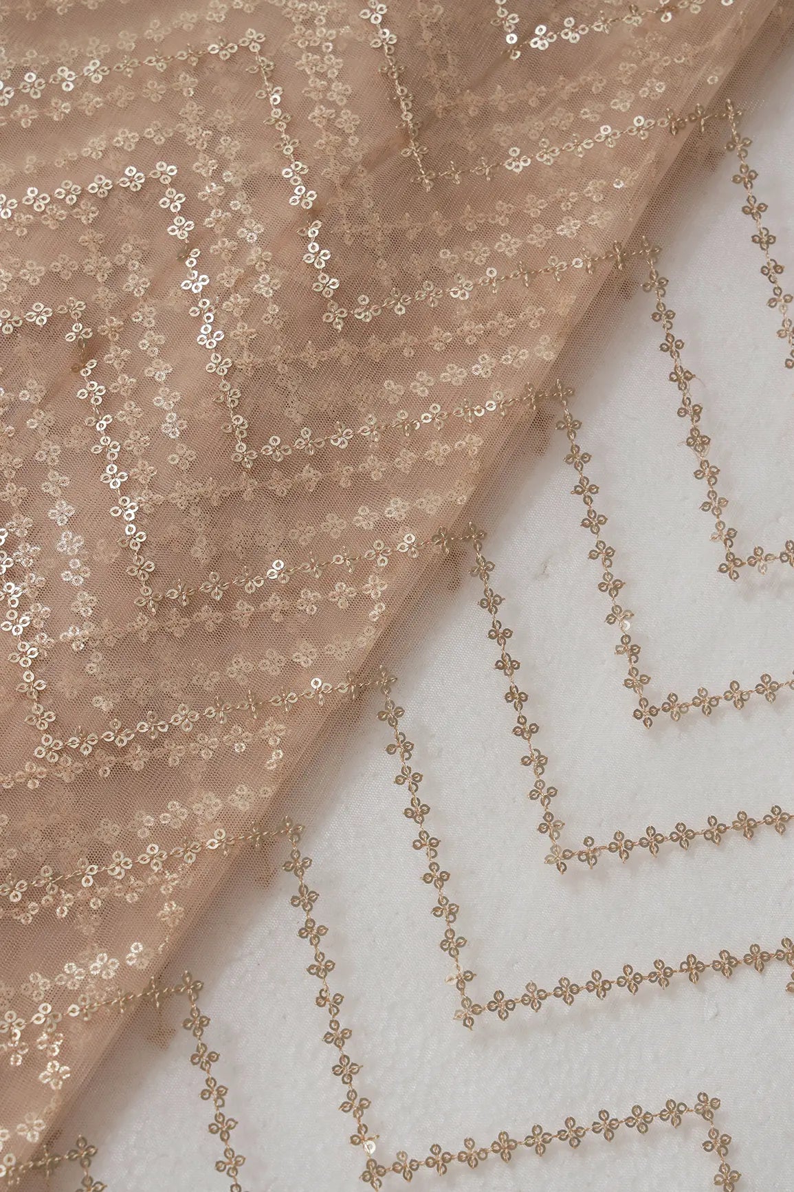 AIzaSyBcstauz-XMPRhEY21AUzeo032pxrXB5Ug - Gold Sequins Chevron Embroidery Work On Beige Soft Net Fabric