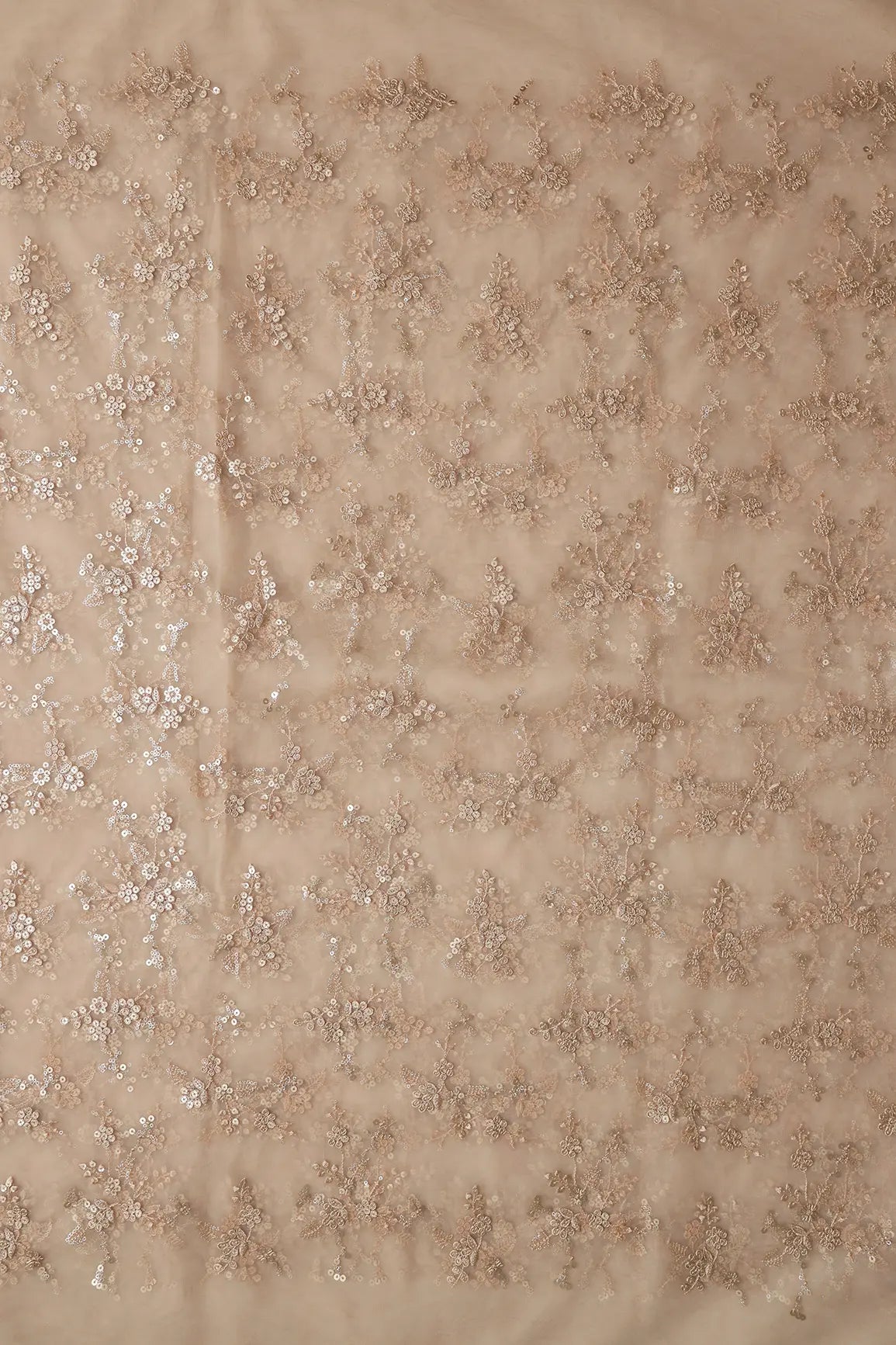 AIzaSyBcstauz-XMPRhEY21AUzeo032pxrXB5Ug - Gold Sequins With Thread Work Floral Embroidery On Beige Soft Net Fabric
