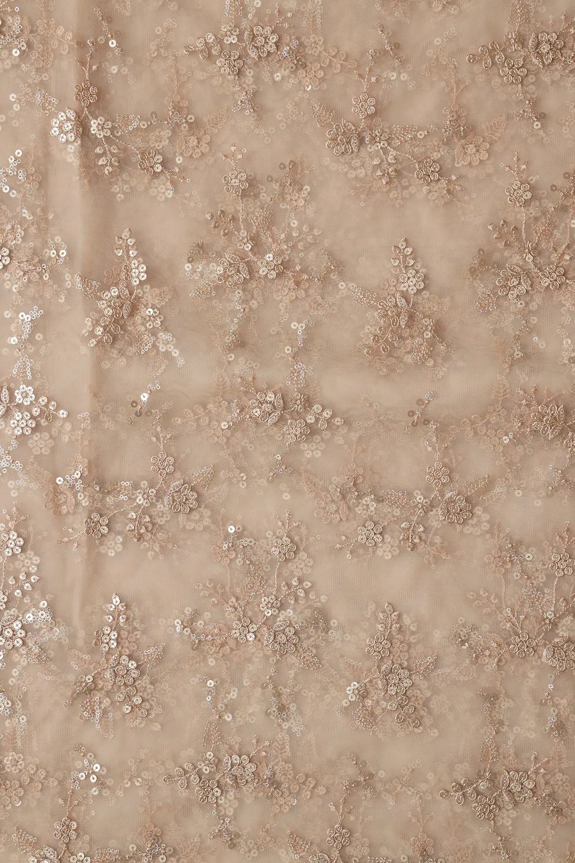 AIzaSyBcstauz-XMPRhEY21AUzeo032pxrXB5Ug - Gold Sequins With Thread Work Floral Embroidery On Beige Soft Net Fabric