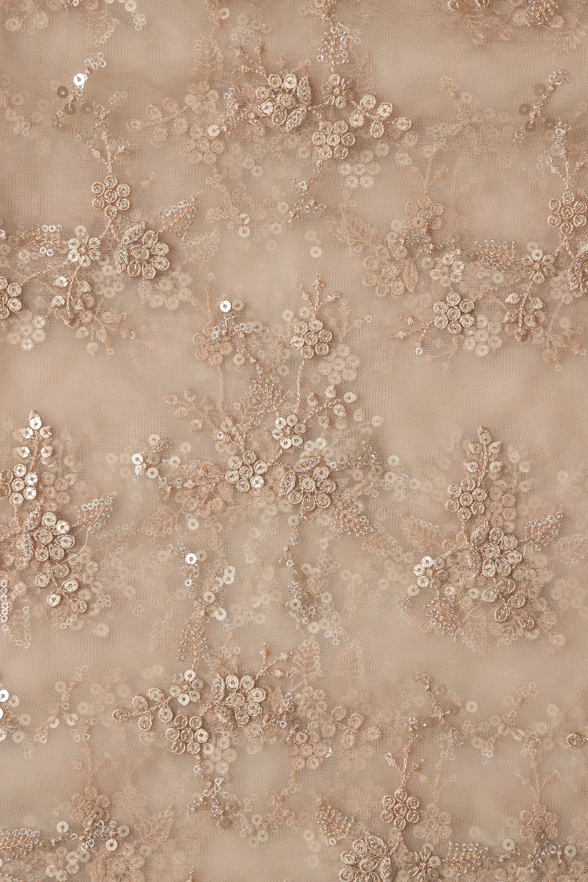 AIzaSyBcstauz-XMPRhEY21AUzeo032pxrXB5Ug - Gold Sequins With Thread Work Floral Embroidery On Beige Soft Net Fabric