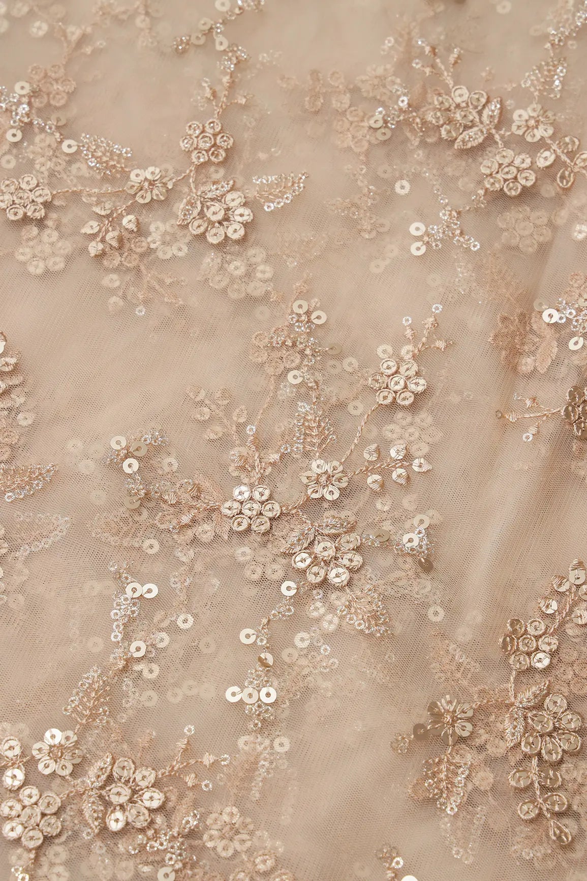 AIzaSyBcstauz-XMPRhEY21AUzeo032pxrXB5Ug - Gold Sequins With Thread Work Floral Embroidery On Beige Soft Net Fabric