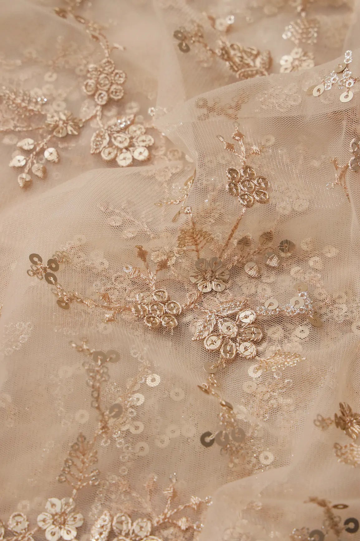 AIzaSyBcstauz-XMPRhEY21AUzeo032pxrXB5Ug - Gold Sequins With Thread Work Floral Embroidery On Beige Soft Net Fabric