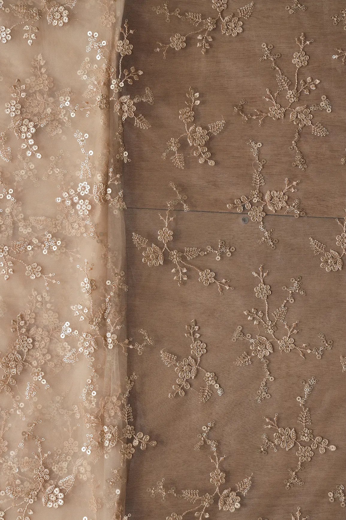 AIzaSyBcstauz-XMPRhEY21AUzeo032pxrXB5Ug - Gold Sequins With Thread Work Floral Embroidery On Beige Soft Net Fabric