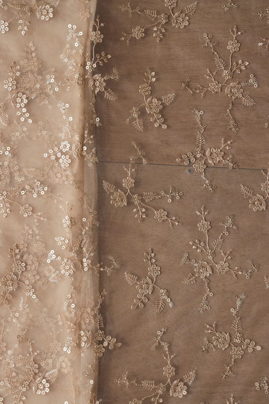 AIzaSyBcstauz-XMPRhEY21AUzeo032pxrXB5Ug - Gold Sequins With Thread Work Floral Embroidery On Beige Soft Net Fabric