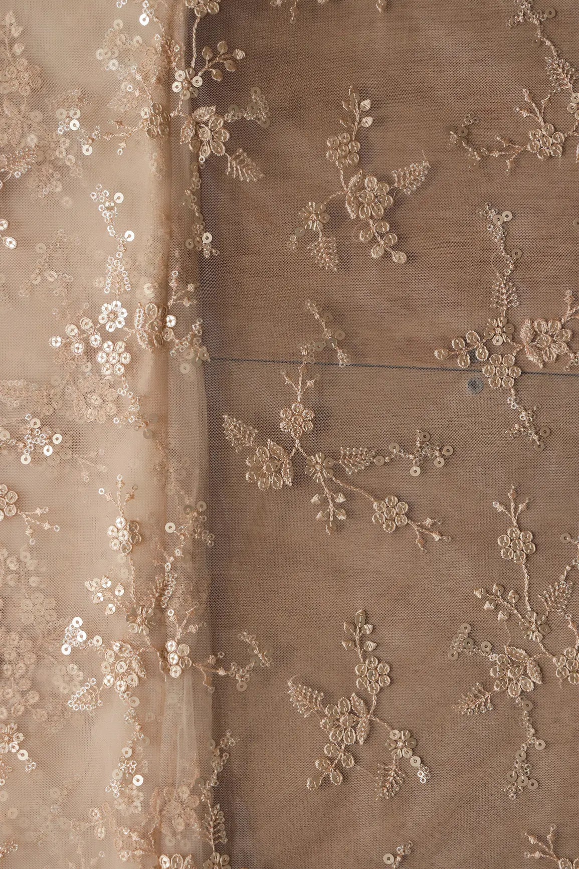 AIzaSyBcstauz-XMPRhEY21AUzeo032pxrXB5Ug - Gold Sequins With Thread Work Floral Embroidery On Beige Soft Net Fabric