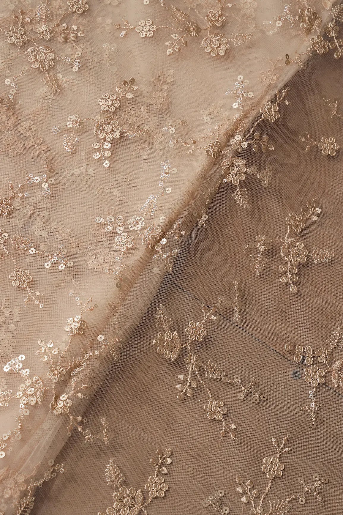 AIzaSyBcstauz-XMPRhEY21AUzeo032pxrXB5Ug - Gold Sequins With Thread Work Floral Embroidery On Beige Soft Net Fabric