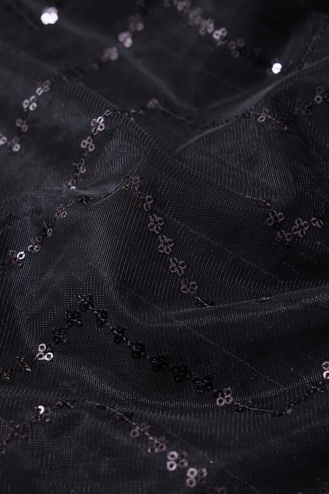 AIzaSyBcstauz-XMPRhEY21AUzeo032pxrXB5Ug - Black Sequins Chevron Embroidery Work On Black Soft Net Fabric