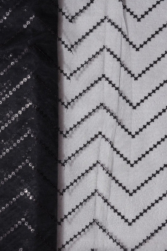 AIzaSyBcstauz-XMPRhEY21AUzeo032pxrXB5Ug - Black Sequins Chevron Embroidery Work On Black Soft Net Fabric
