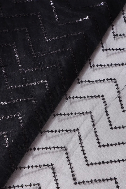 AIzaSyBcstauz-XMPRhEY21AUzeo032pxrXB5Ug - Black Sequins Chevron Embroidery Work On Black Soft Net Fabric