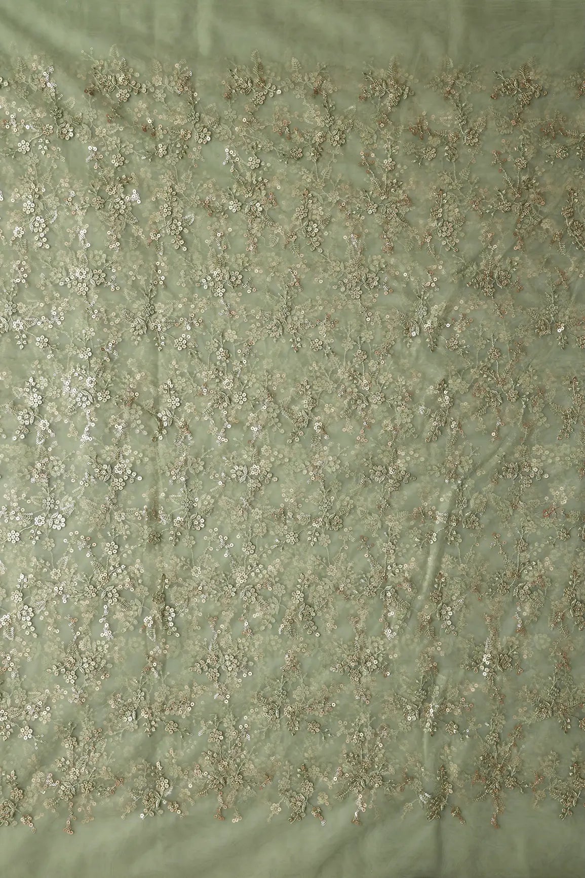 AIzaSyBcstauz-XMPRhEY21AUzeo032pxrXB5Ug - Gold Sequins With Thread Work Floral Embroidery On Olive Soft Net Fabric