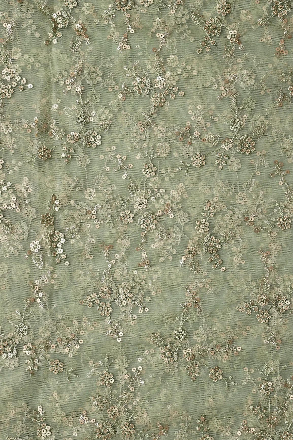 AIzaSyBcstauz-XMPRhEY21AUzeo032pxrXB5Ug - Gold Sequins With Thread Work Floral Embroidery On Olive Soft Net Fabric