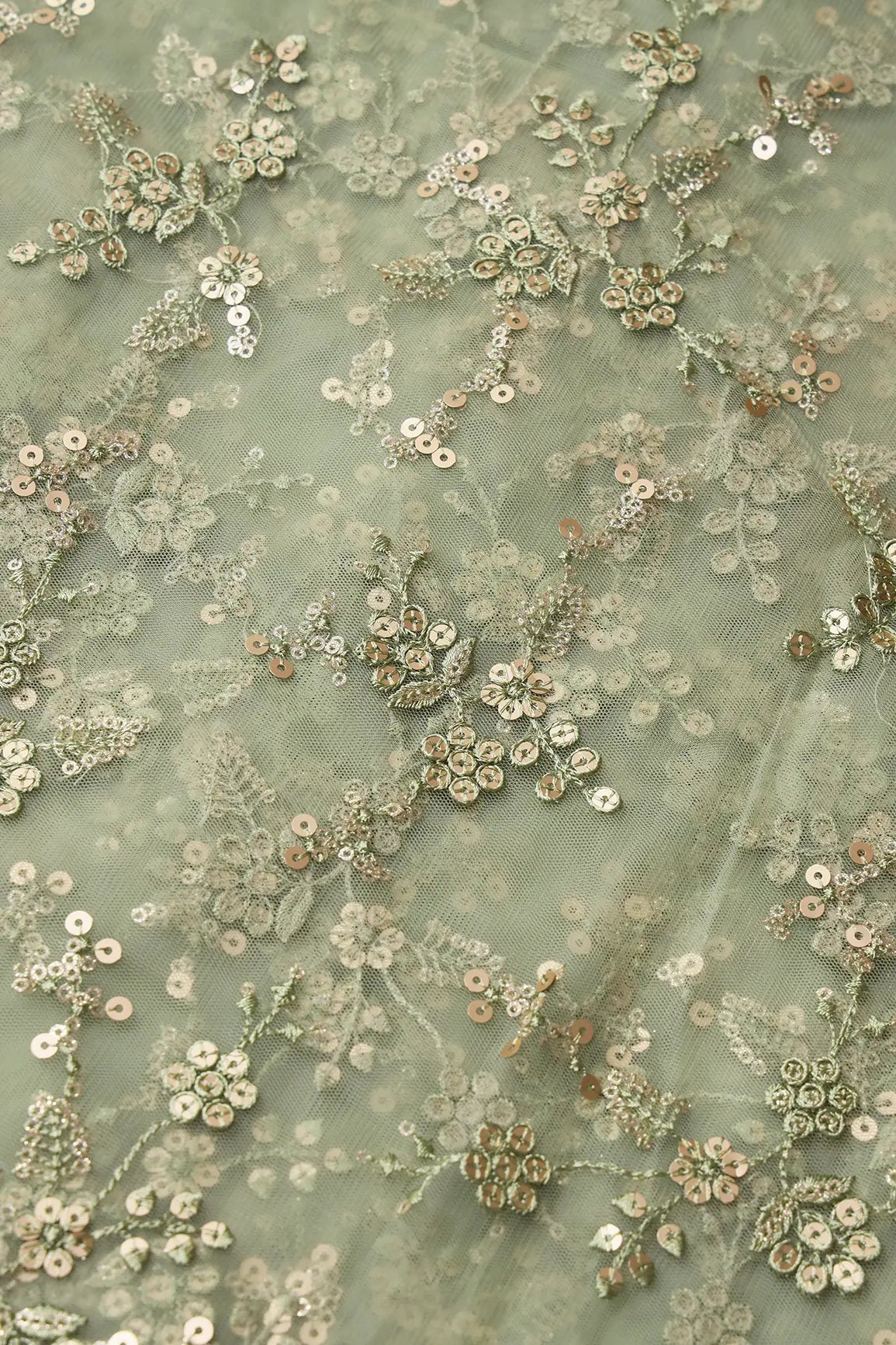 AIzaSyBcstauz-XMPRhEY21AUzeo032pxrXB5Ug - Gold Sequins With Thread Work Floral Embroidery On Olive Soft Net Fabric