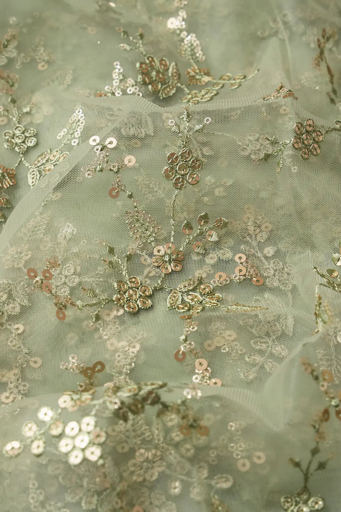 AIzaSyBcstauz-XMPRhEY21AUzeo032pxrXB5Ug - Gold Sequins With Thread Work Floral Embroidery On Olive Soft Net Fabric