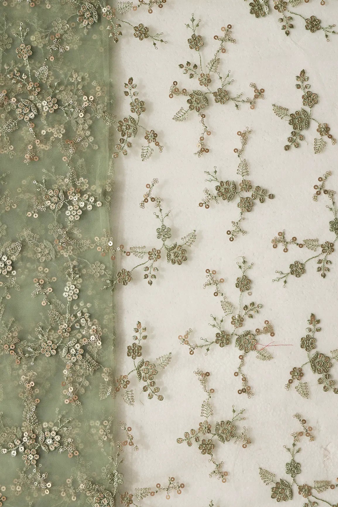 AIzaSyBcstauz-XMPRhEY21AUzeo032pxrXB5Ug - Gold Sequins With Thread Work Floral Embroidery On Olive Soft Net Fabric