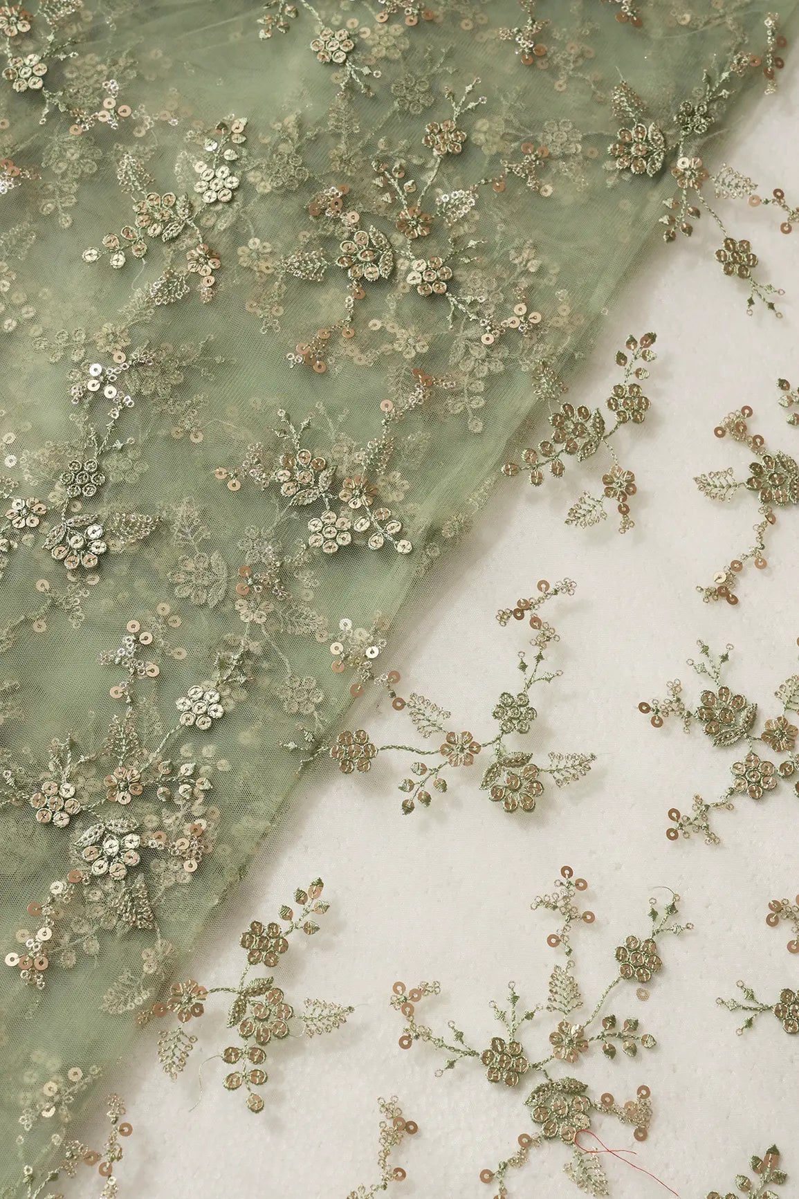 AIzaSyBcstauz-XMPRhEY21AUzeo032pxrXB5Ug - Gold Sequins With Thread Work Floral Embroidery On Olive Soft Net Fabric