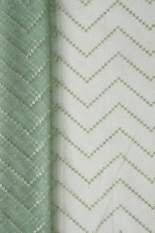Water Sequins Chevron Embroidery Work On Olive Soft Net Fabric