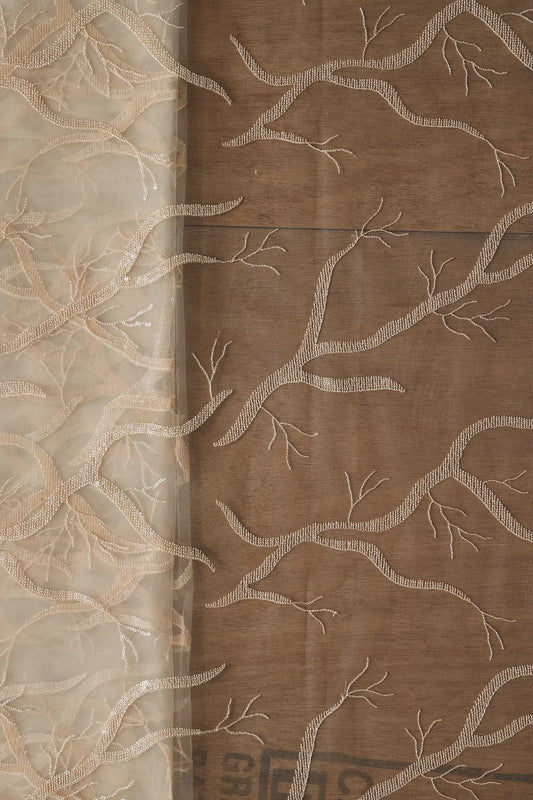 Olive Thread With Water Sequins Abstract Embroidery Work On Light Olive Soft Net Fabric