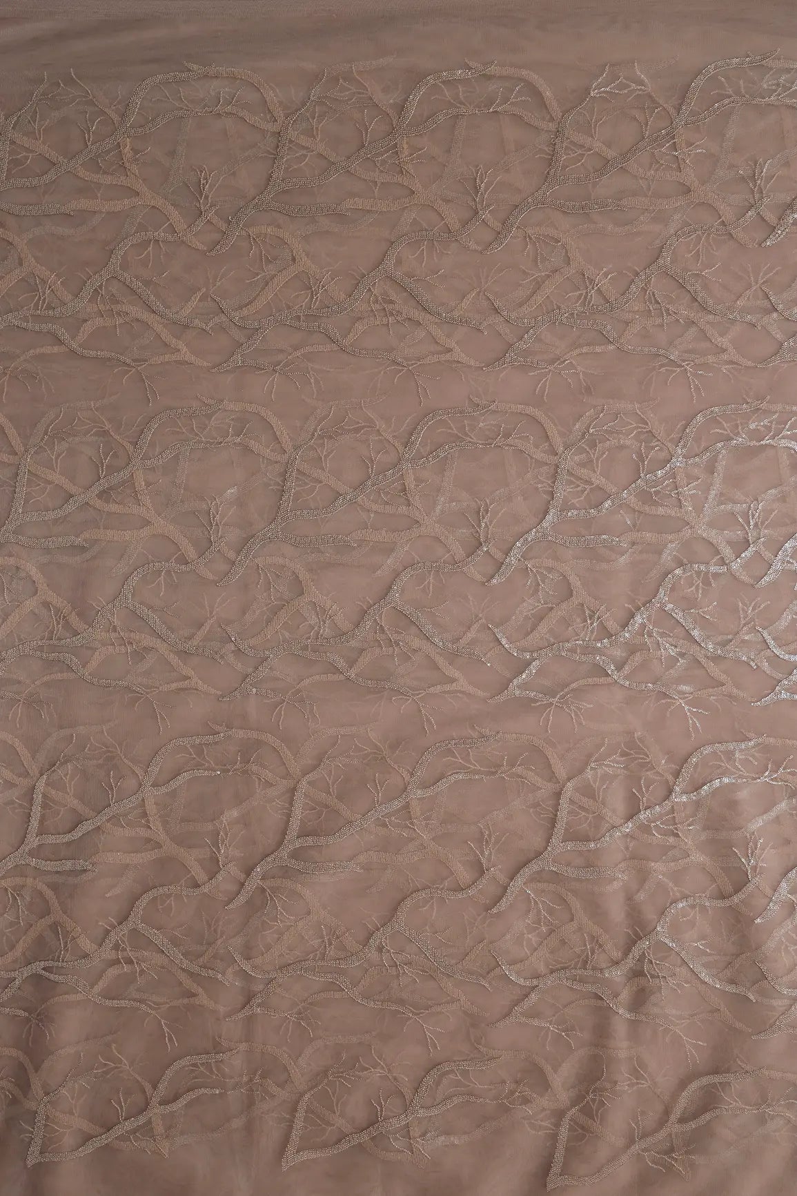 AIzaSyBcstauz-XMPRhEY21AUzeo032pxrXB5Ug - Beige Thread With Water Sequins Abstract Embroidery Work On Dark Beige Soft Net Fabric