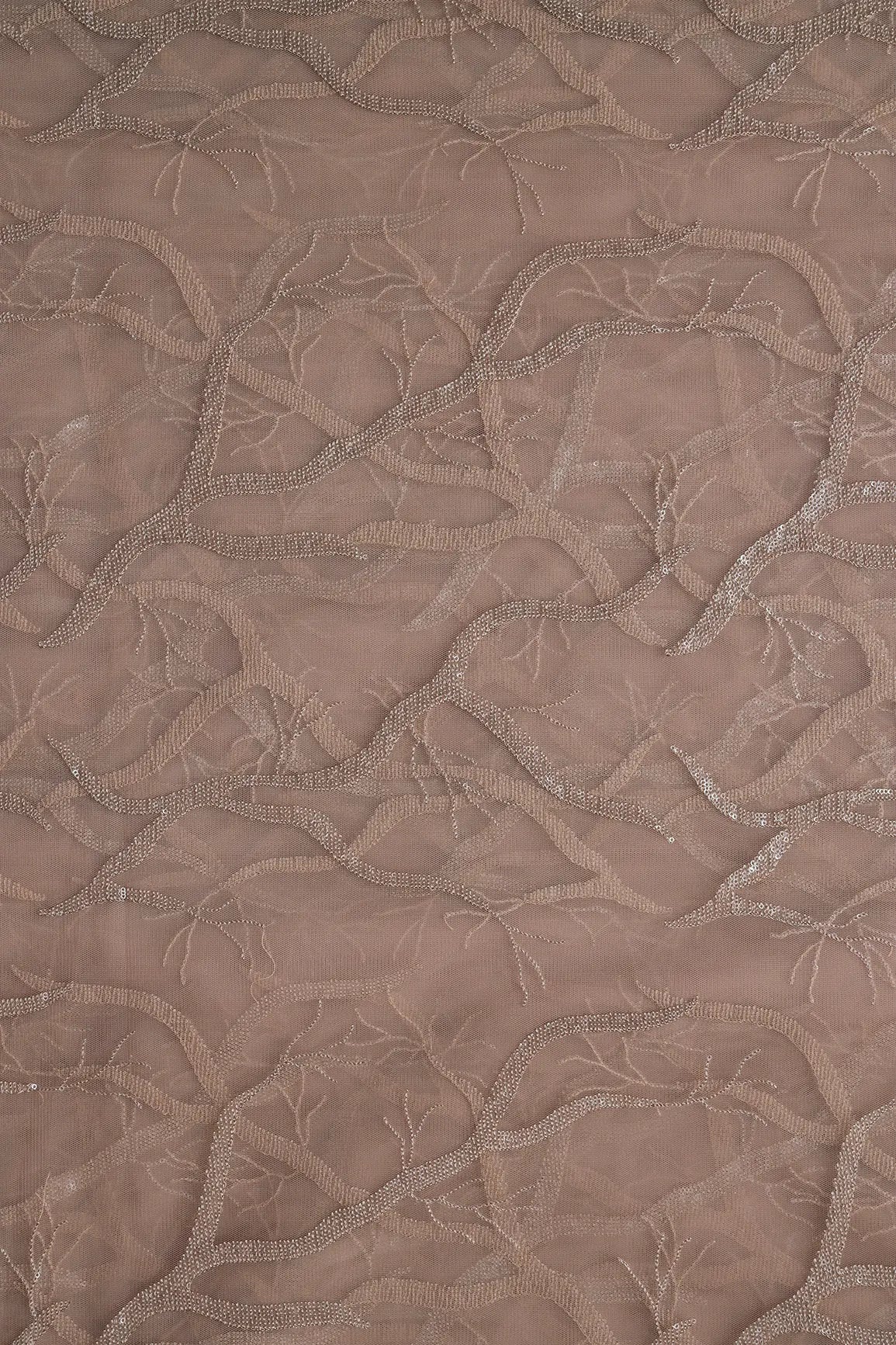 AIzaSyBcstauz-XMPRhEY21AUzeo032pxrXB5Ug - Beige Thread With Water Sequins Abstract Embroidery Work On Dark Beige Soft Net Fabric