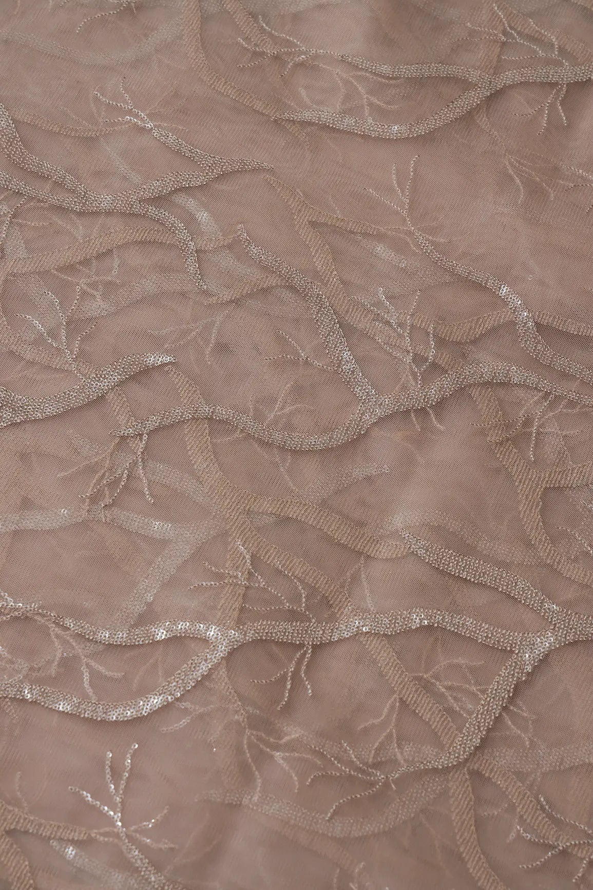 AIzaSyBcstauz-XMPRhEY21AUzeo032pxrXB5Ug - Beige Thread With Water Sequins Abstract Embroidery Work On Dark Beige Soft Net Fabric