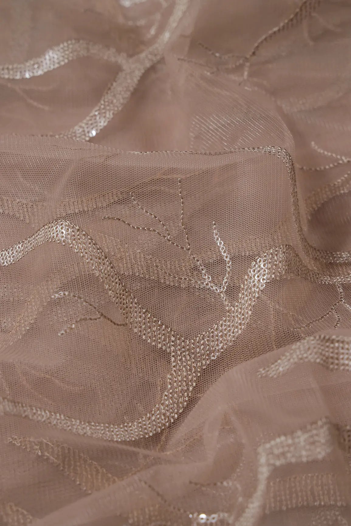 AIzaSyBcstauz-XMPRhEY21AUzeo032pxrXB5Ug - Beige Thread With Water Sequins Abstract Embroidery Work On Dark Beige Soft Net Fabric