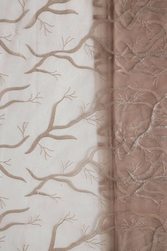 AIzaSyBcstauz-XMPRhEY21AUzeo032pxrXB5Ug - Beige Thread With Water Sequins Abstract Embroidery Work On Dark Beige Soft Net Fabric