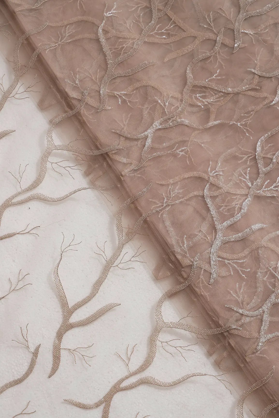 AIzaSyBcstauz-XMPRhEY21AUzeo032pxrXB5Ug - Beige Thread With Water Sequins Abstract Embroidery Work On Dark Beige Soft Net Fabric