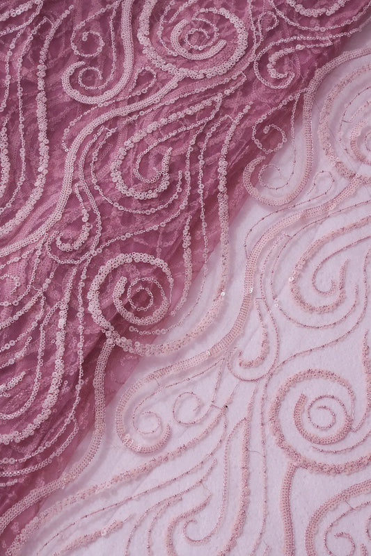 AIzaSyBcstauz-XMPRhEY21AUzeo032pxrXB5Ug - Gorgeous Light Pink Sequins Geometric Embroidery On Dark Pink Soft Net Fabric