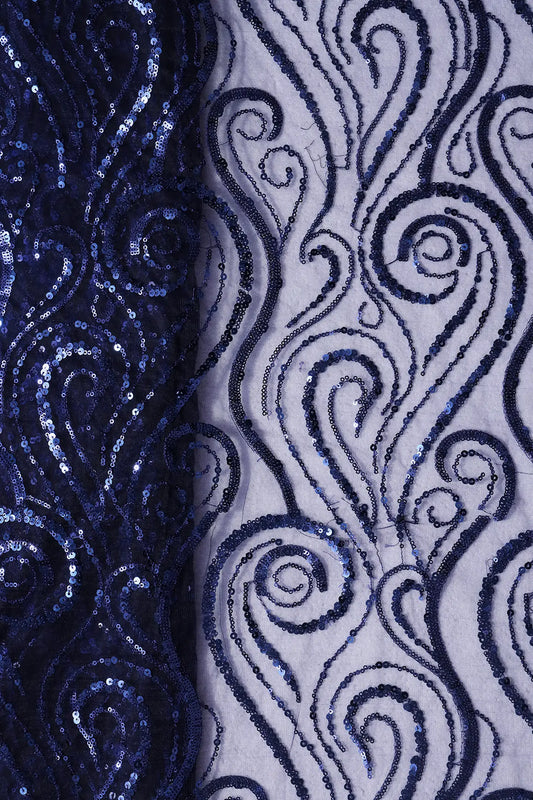 AIzaSyBcstauz-XMPRhEY21AUzeo032pxrXB5Ug - Gorgeous Blue Sequins Geometric Embroidery On Navy Blue Soft Net Fabric