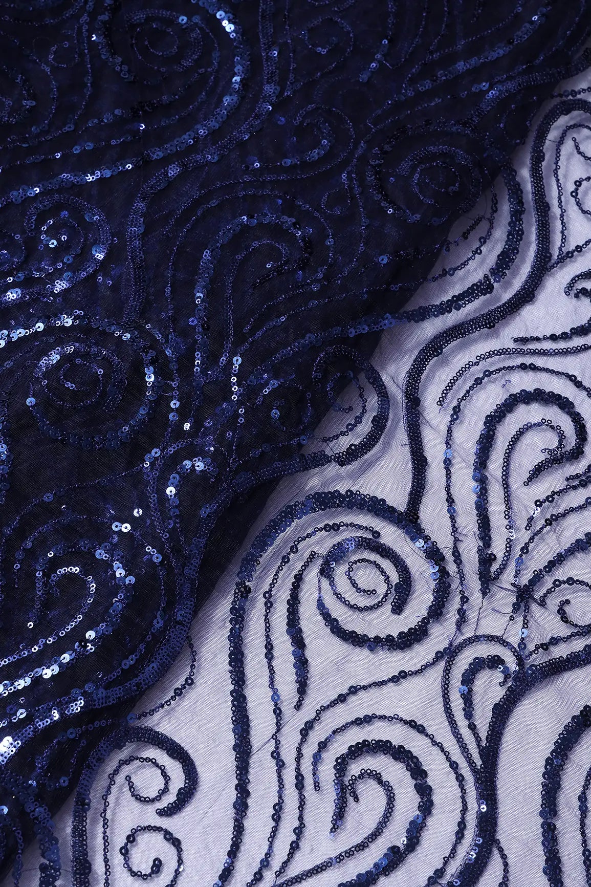 AIzaSyBcstauz-XMPRhEY21AUzeo032pxrXB5Ug - Gorgeous Blue Sequins Geometric Embroidery On Navy Blue Soft Net Fabric