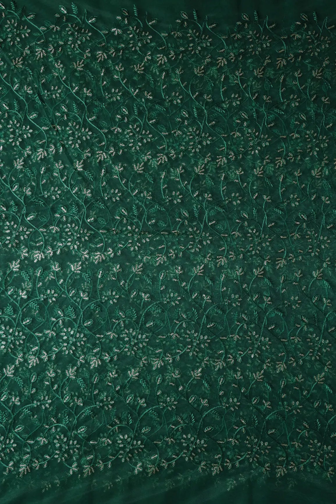 AIzaSyBcstauz-XMPRhEY21AUzeo032pxrXB5Ug - Beautiful Gold Glitter Sequins Heavy Floral Embroidery On Bottle Green Soft Net Fabric