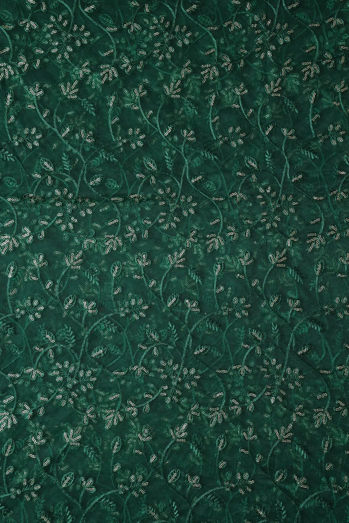 AIzaSyBcstauz-XMPRhEY21AUzeo032pxrXB5Ug - Beautiful Gold Glitter Sequins Heavy Floral Embroidery On Bottle Green Soft Net Fabric