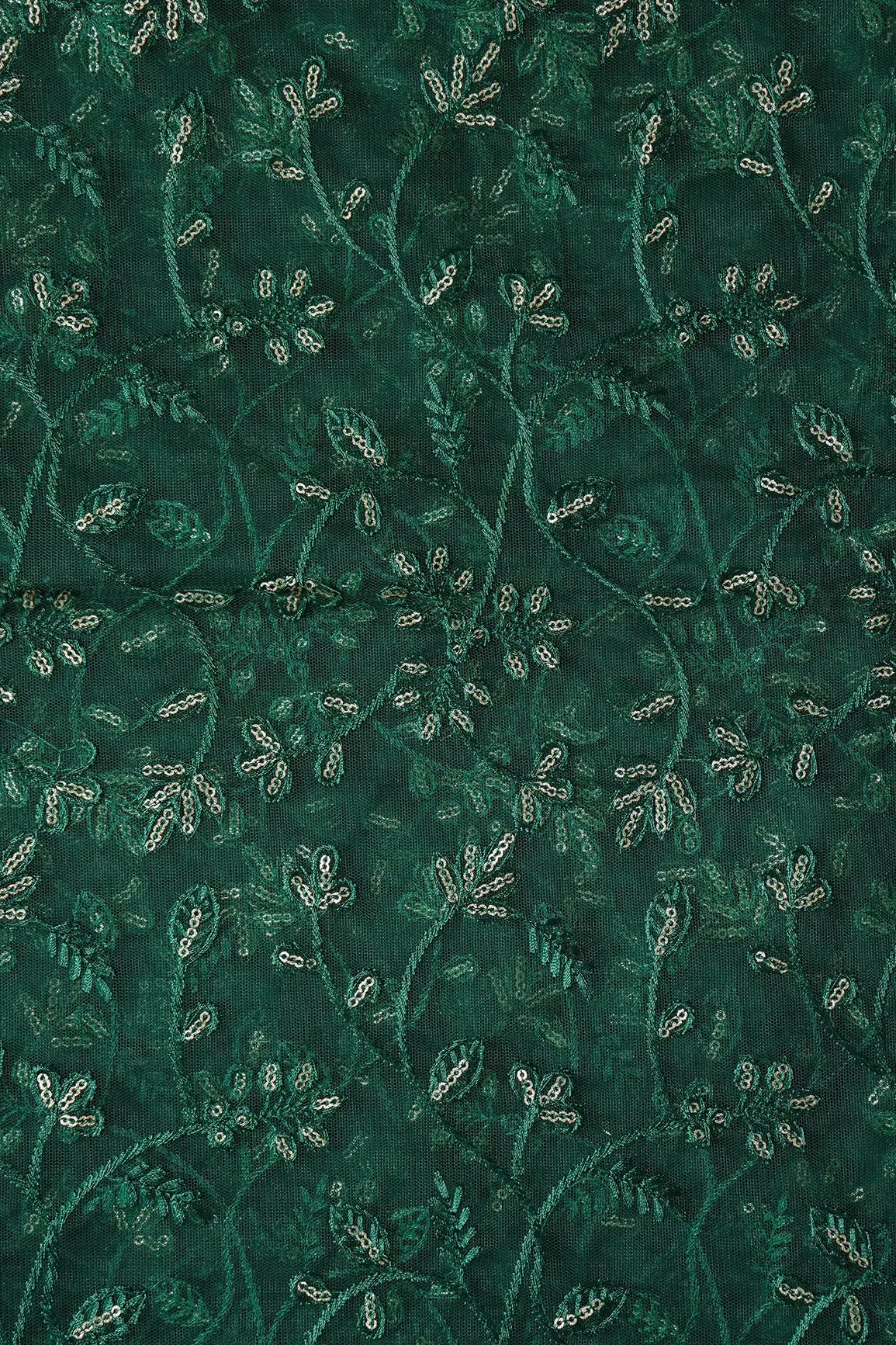 AIzaSyBcstauz-XMPRhEY21AUzeo032pxrXB5Ug - Beautiful Gold Glitter Sequins Heavy Floral Embroidery On Bottle Green Soft Net Fabric