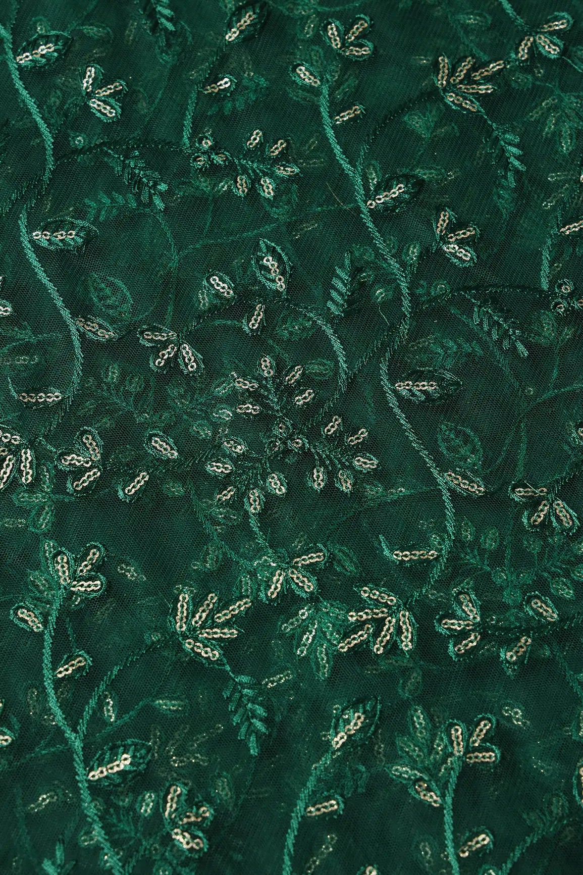 AIzaSyBcstauz-XMPRhEY21AUzeo032pxrXB5Ug - Beautiful Gold Glitter Sequins Heavy Floral Embroidery On Bottle Green Soft Net Fabric