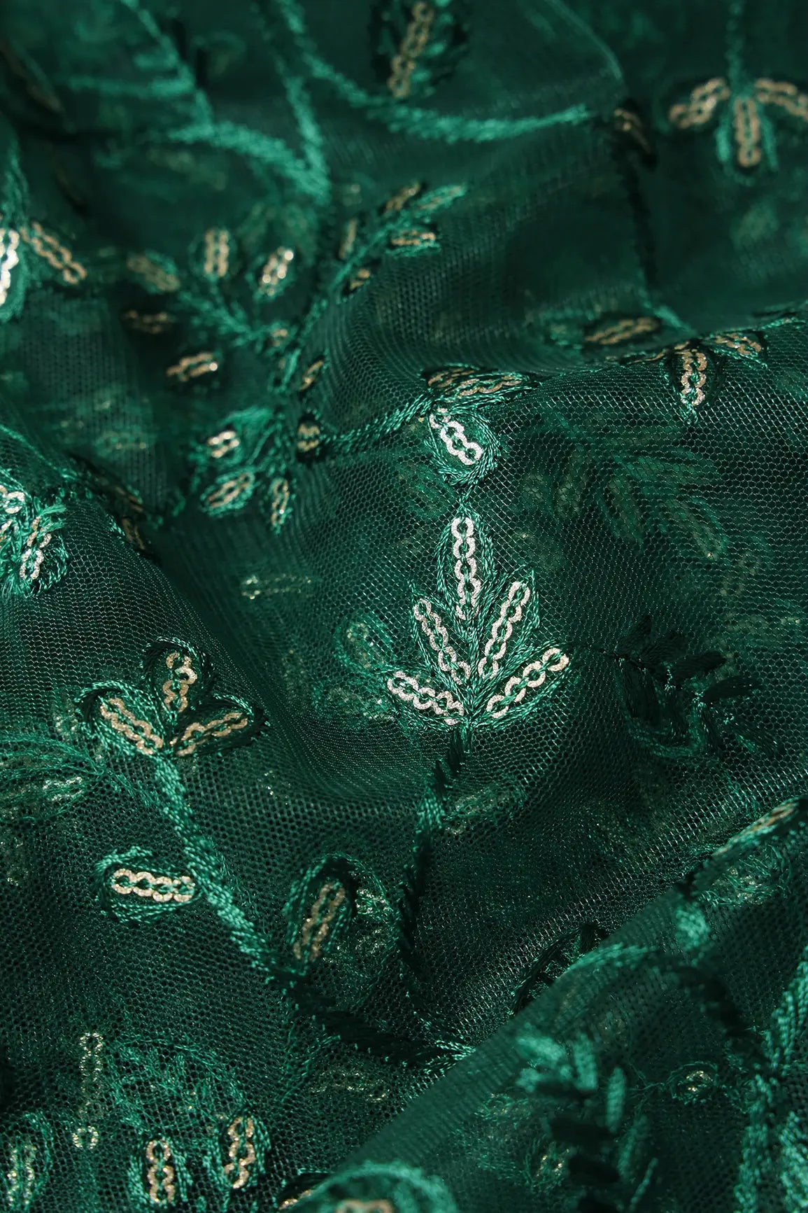 AIzaSyBcstauz-XMPRhEY21AUzeo032pxrXB5Ug - Beautiful Gold Glitter Sequins Heavy Floral Embroidery On Bottle Green Soft Net Fabric