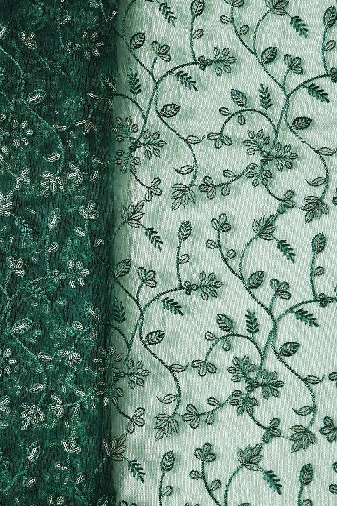 AIzaSyBcstauz-XMPRhEY21AUzeo032pxrXB5Ug - Beautiful Gold Glitter Sequins Heavy Floral Embroidery On Bottle Green Soft Net Fabric