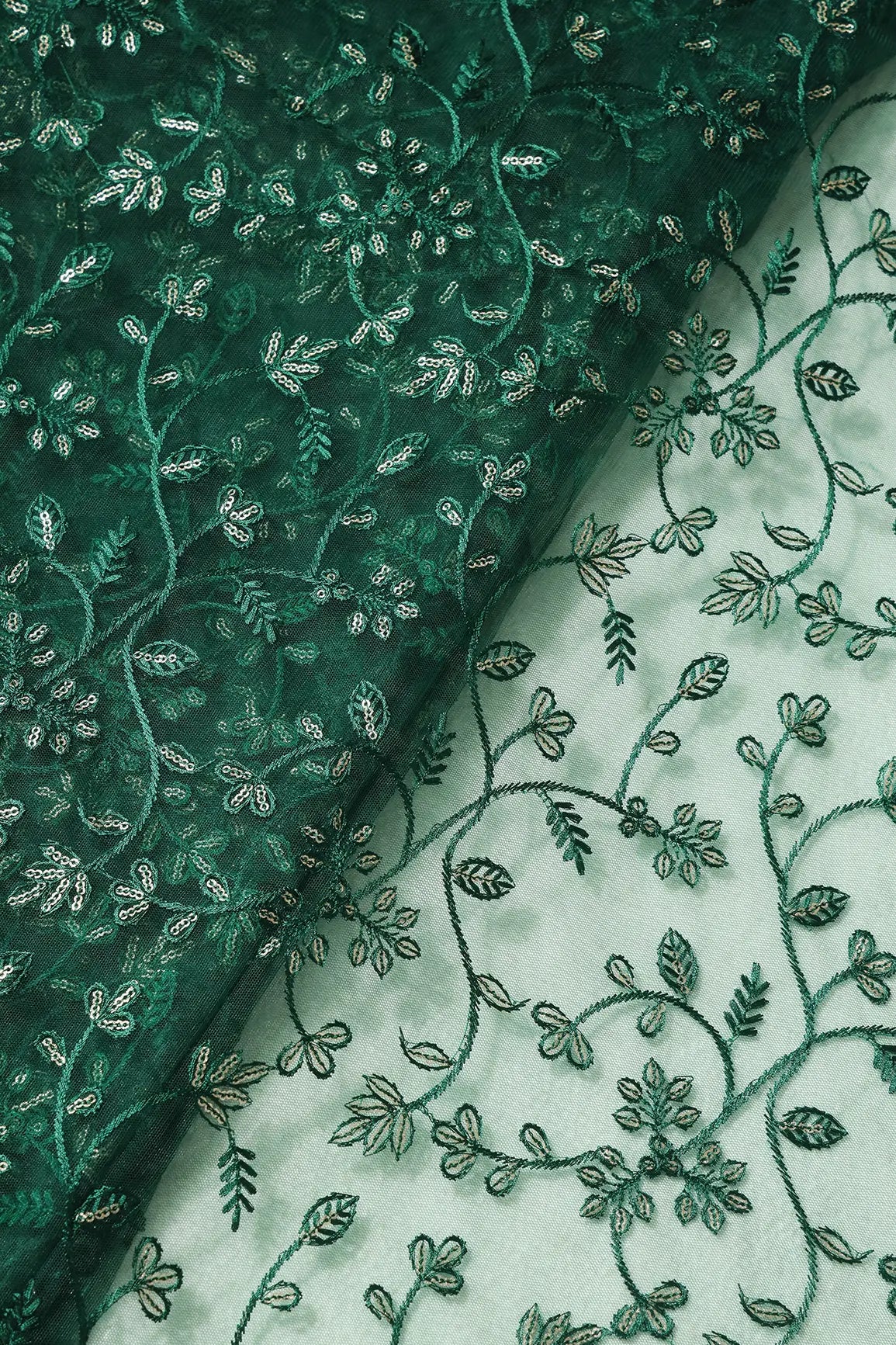 AIzaSyBcstauz-XMPRhEY21AUzeo032pxrXB5Ug - Beautiful Gold Glitter Sequins Heavy Floral Embroidery On Bottle Green Soft Net Fabric