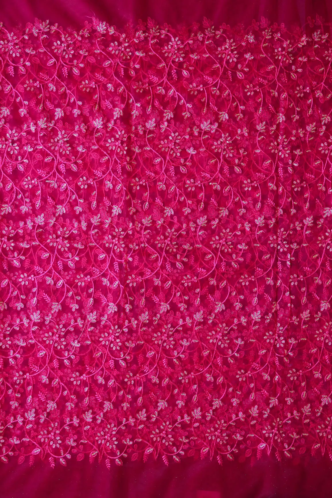 AIzaSyBcstauz-XMPRhEY21AUzeo032pxrXB5Ug - Beautiful Gold Glitter Sequins Heavy Floral Embroidery On Fuchsia Soft Net Fabric