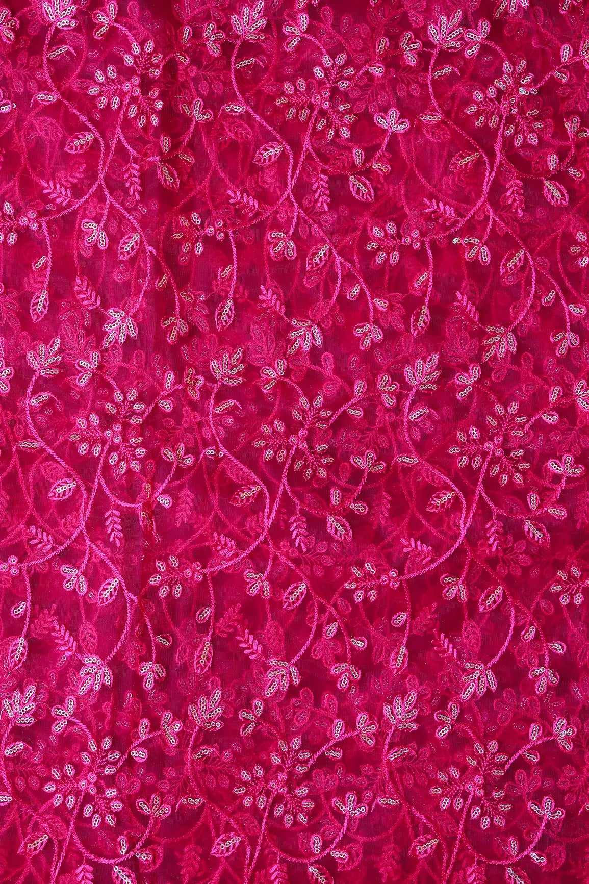 AIzaSyBcstauz-XMPRhEY21AUzeo032pxrXB5Ug - Beautiful Gold Glitter Sequins Heavy Floral Embroidery On Fuchsia Soft Net Fabric