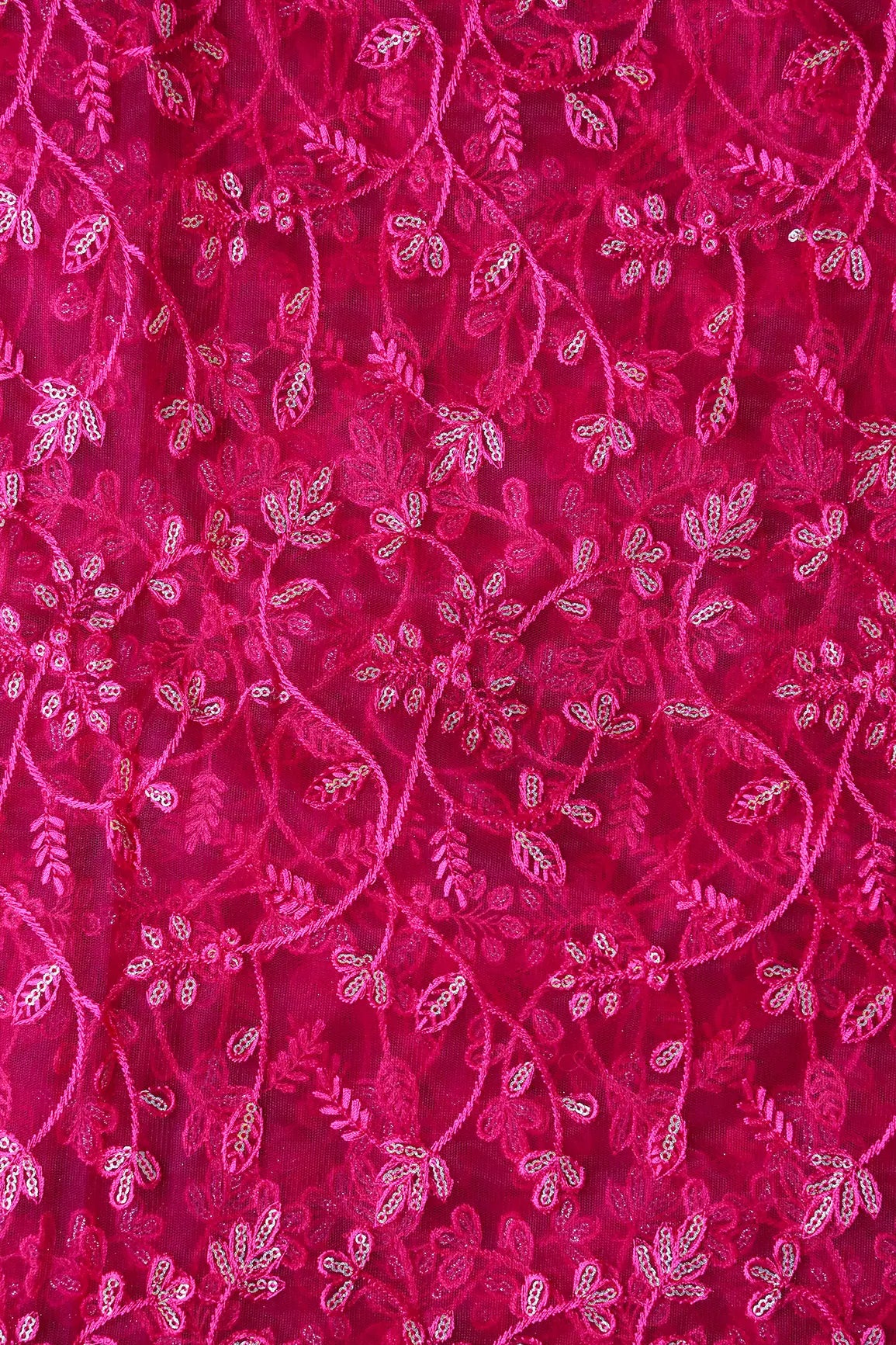 AIzaSyBcstauz-XMPRhEY21AUzeo032pxrXB5Ug - Beautiful Gold Glitter Sequins Heavy Floral Embroidery On Fuchsia Soft Net Fabric