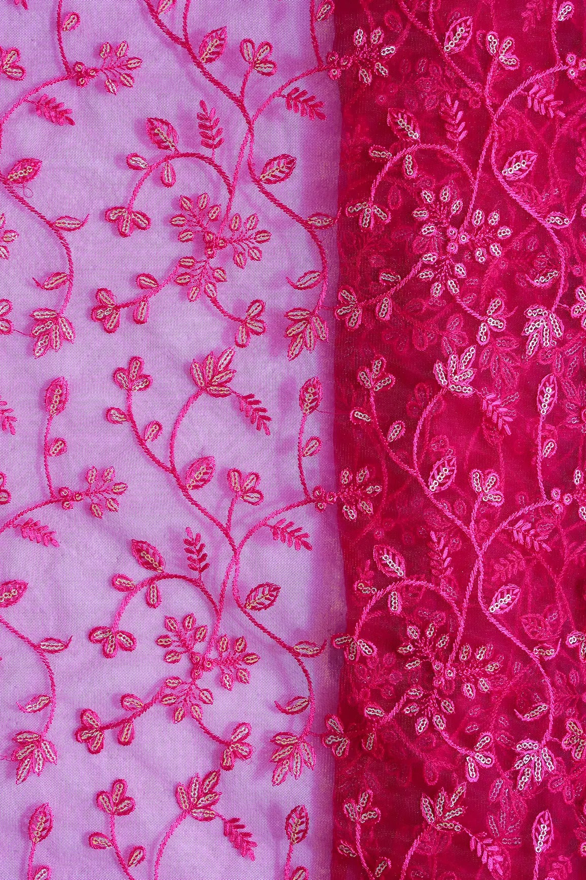 AIzaSyBcstauz-XMPRhEY21AUzeo032pxrXB5Ug - Beautiful Gold Glitter Sequins Heavy Floral Embroidery On Fuchsia Soft Net Fabric