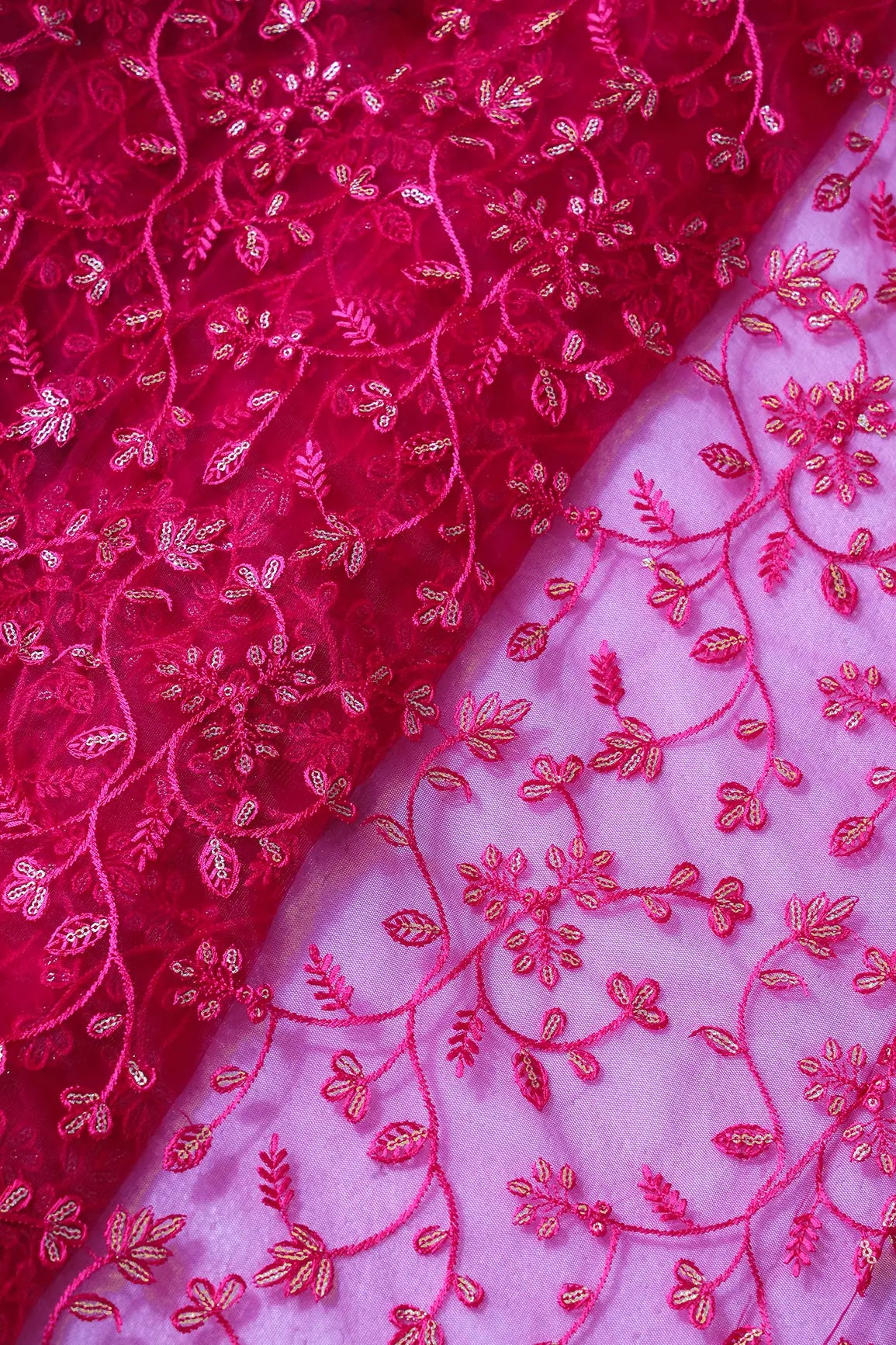 AIzaSyBcstauz-XMPRhEY21AUzeo032pxrXB5Ug - Beautiful Gold Glitter Sequins Heavy Floral Embroidery On Fuchsia Soft Net Fabric
