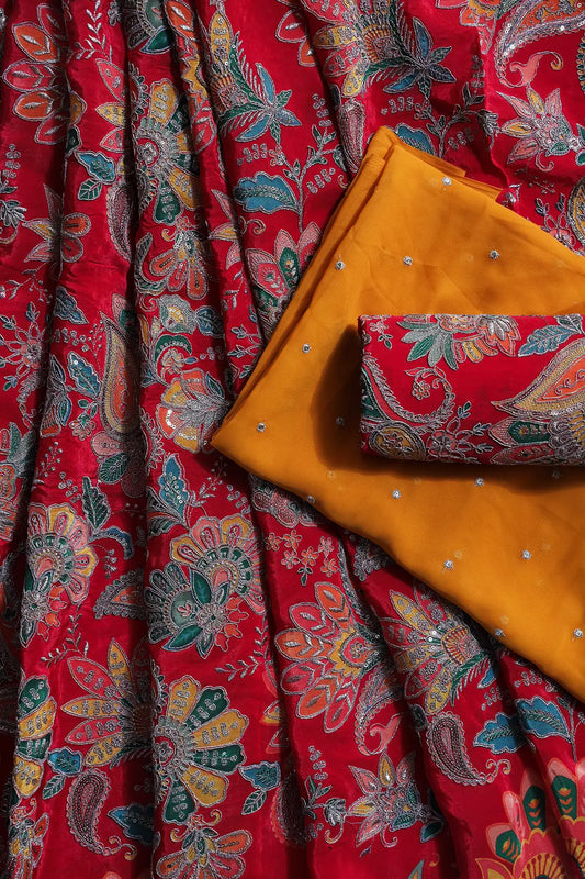 AIzaSyBcstauz-XMPRhEY21AUzeo032pxrXB5Ug - Heavy Gold Zari With Sequins Floral Embroidery On Red Crepe Fabric Unstitched Lehenga Set Fabric (3 Piece)