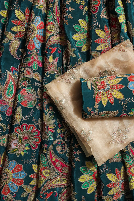 AIzaSyBcstauz-XMPRhEY21AUzeo032pxrXB5Ug - Heavy Gold Zari With Sequins Floral Embroidery On Rama Green Crepe Fabric Unstitched  Lehenga Set Fabric (3 Piece)