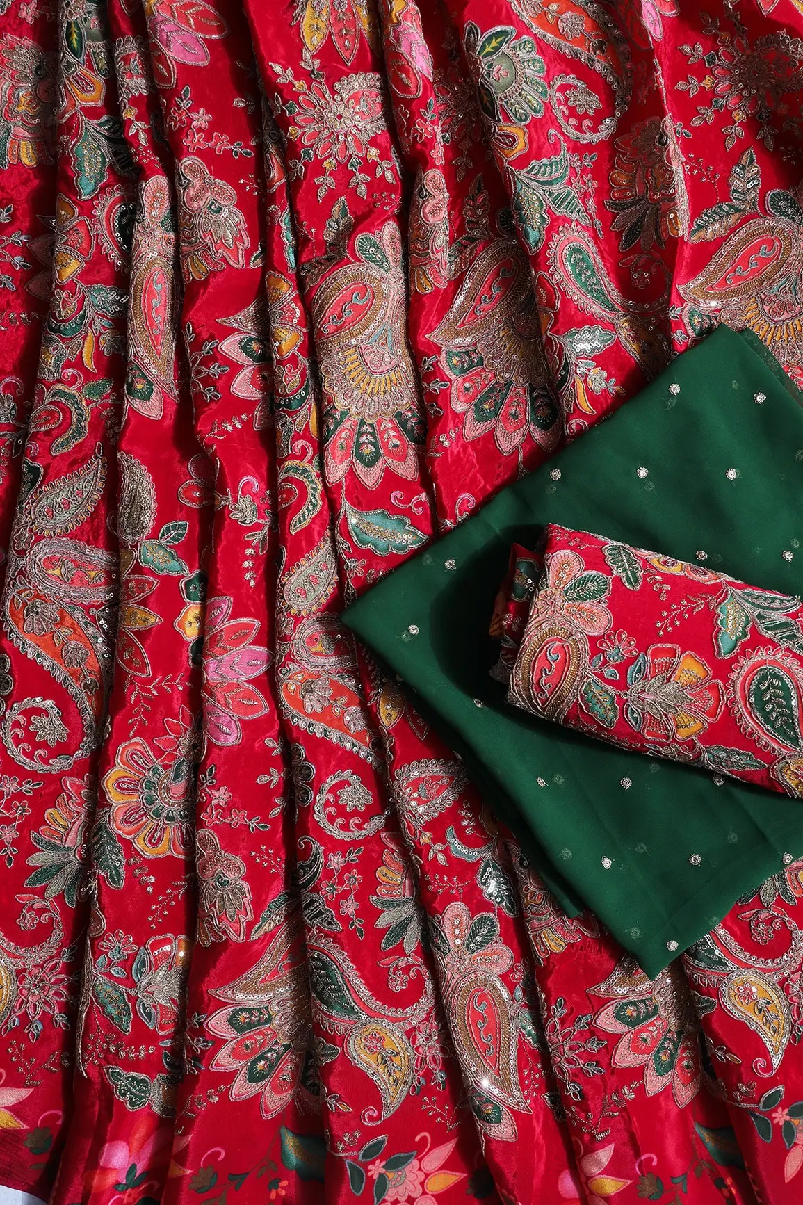 AIzaSyBcstauz-XMPRhEY21AUzeo032pxrXB5Ug - Heavy Gold Zari With Sequins Floral Embroidery On Dark Rani Crepe Fabric Unstitched Lehenga Set Fabric (3 Piece)