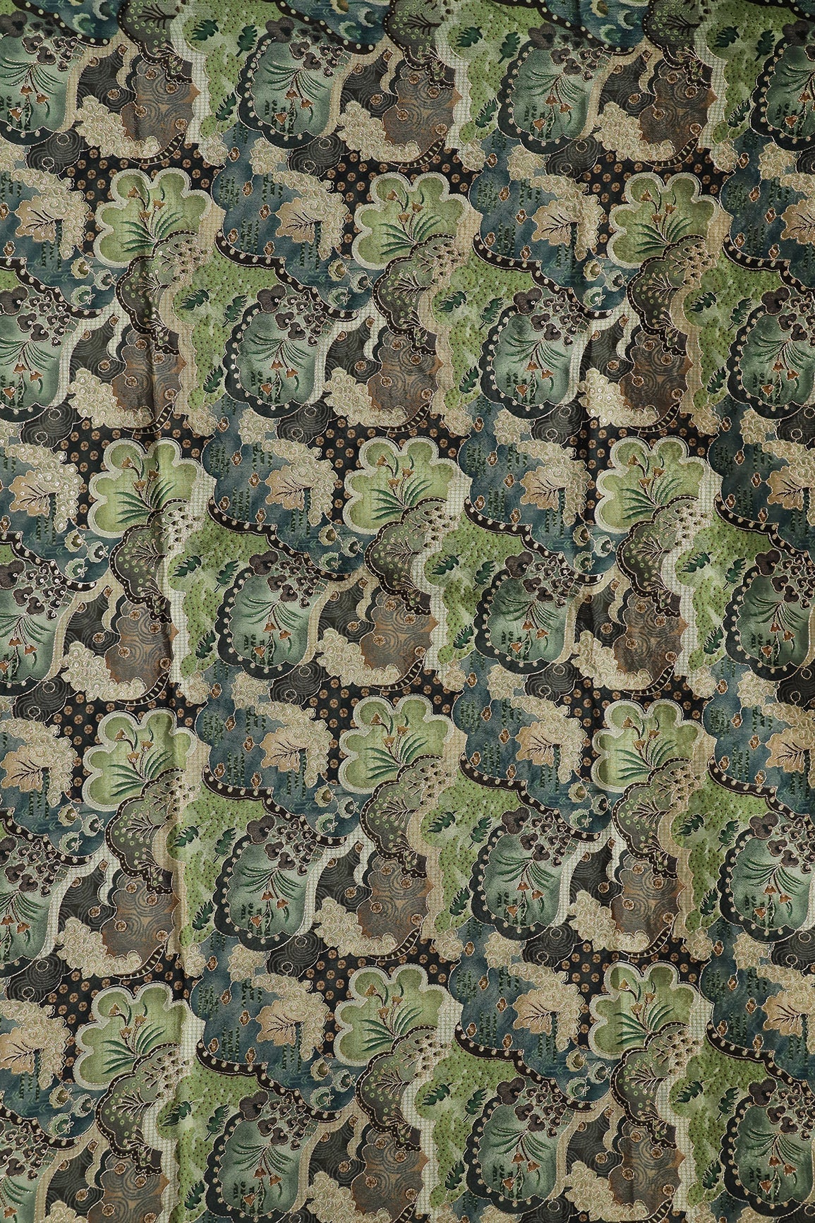 AIzaSyBcstauz-XMPRhEY21AUzeo032pxrXB5Ug - Floral Position Print On Sequins Embroidery Olive Viscose Chinnon Chiffon Fabric