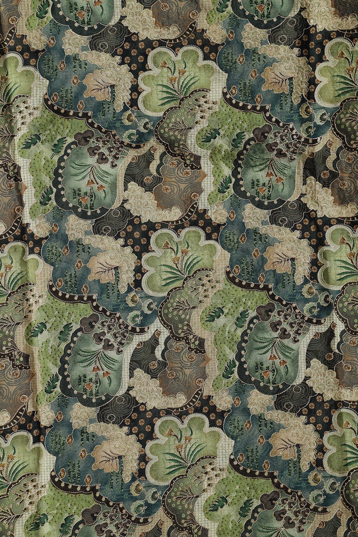 AIzaSyBcstauz-XMPRhEY21AUzeo032pxrXB5Ug - Floral Position Print On Sequins Embroidery Olive Viscose Chinnon Chiffon Fabric