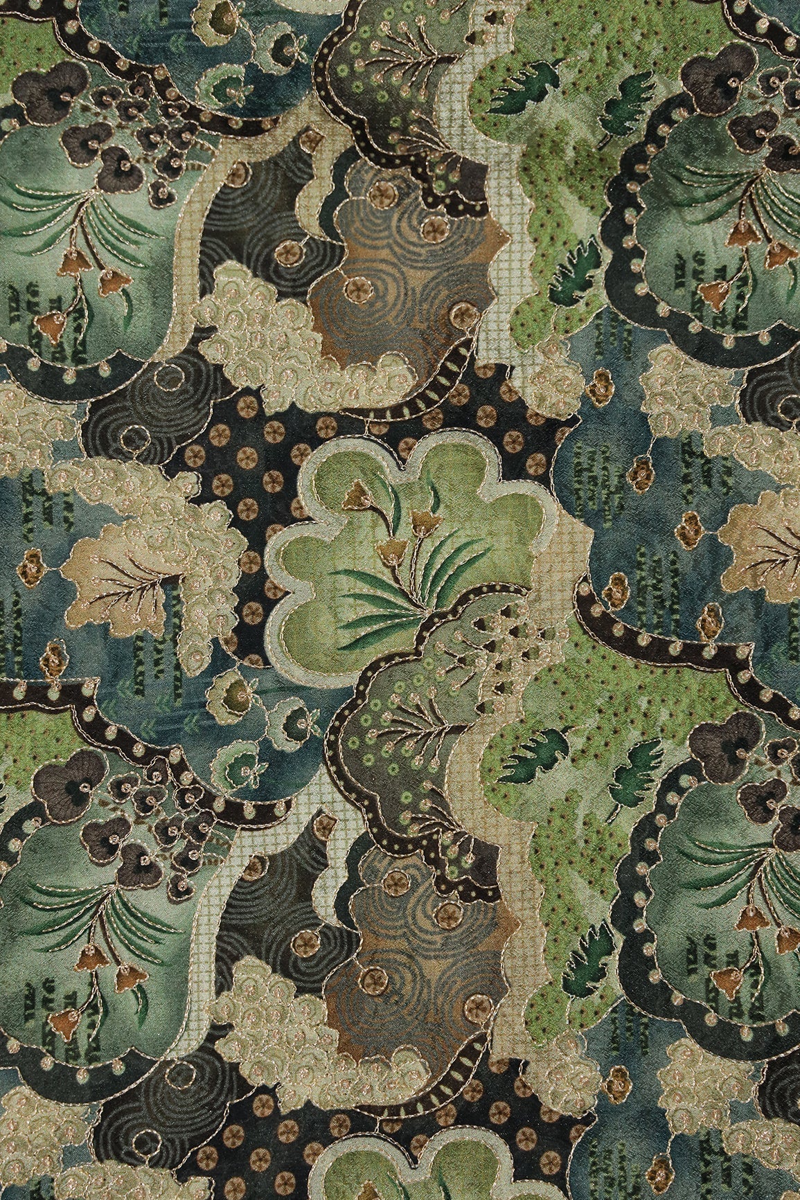 AIzaSyBcstauz-XMPRhEY21AUzeo032pxrXB5Ug - Floral Position Print On Sequins Embroidery Olive Viscose Chinnon Chiffon Fabric